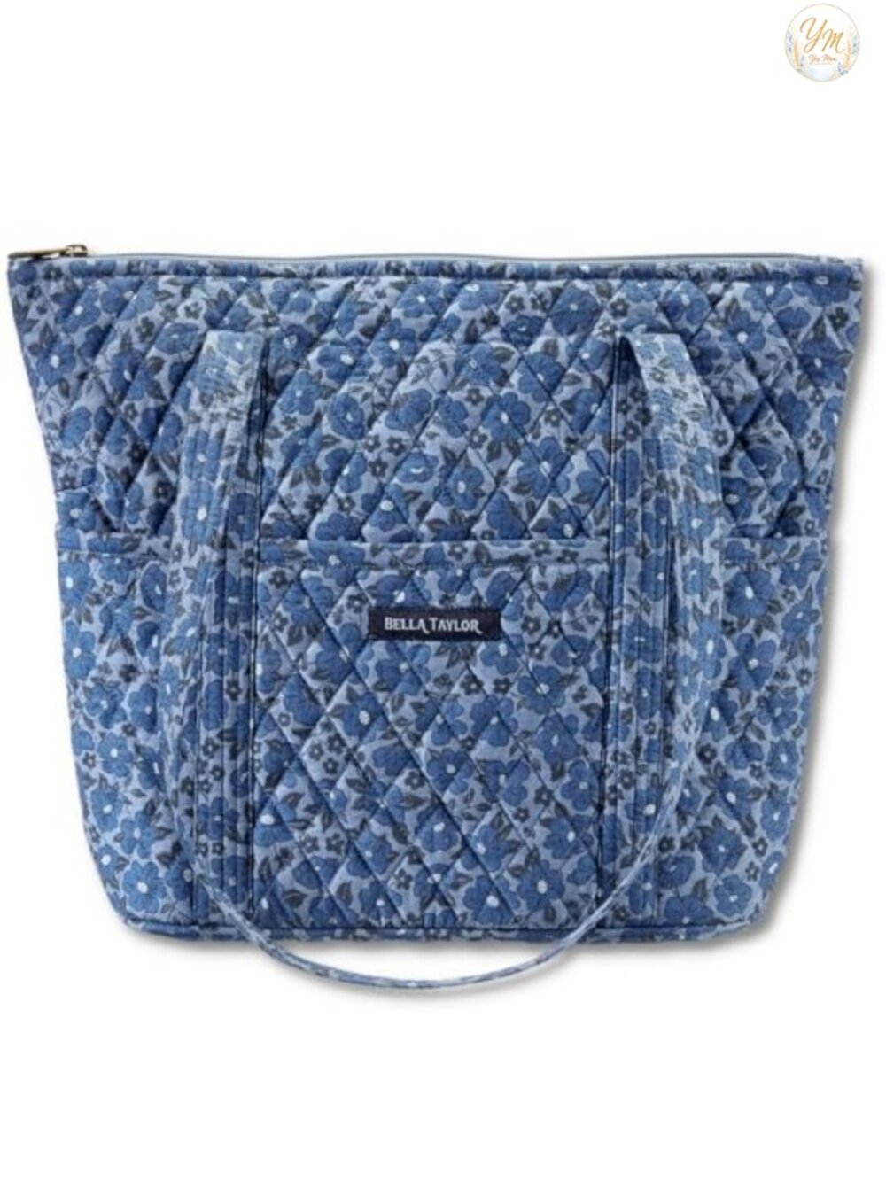 Quilted Cotton Shoulder Tote Bag, Lightweight 10-Pocket Handbag with Top Zipper